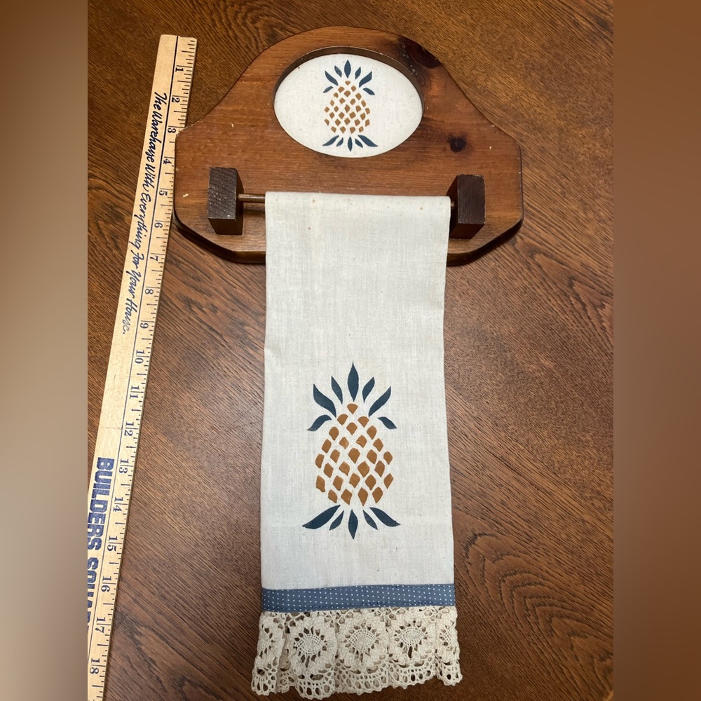 Handcrafted colonial stenciled towel and wood wall hangar w/ stenciled insert.